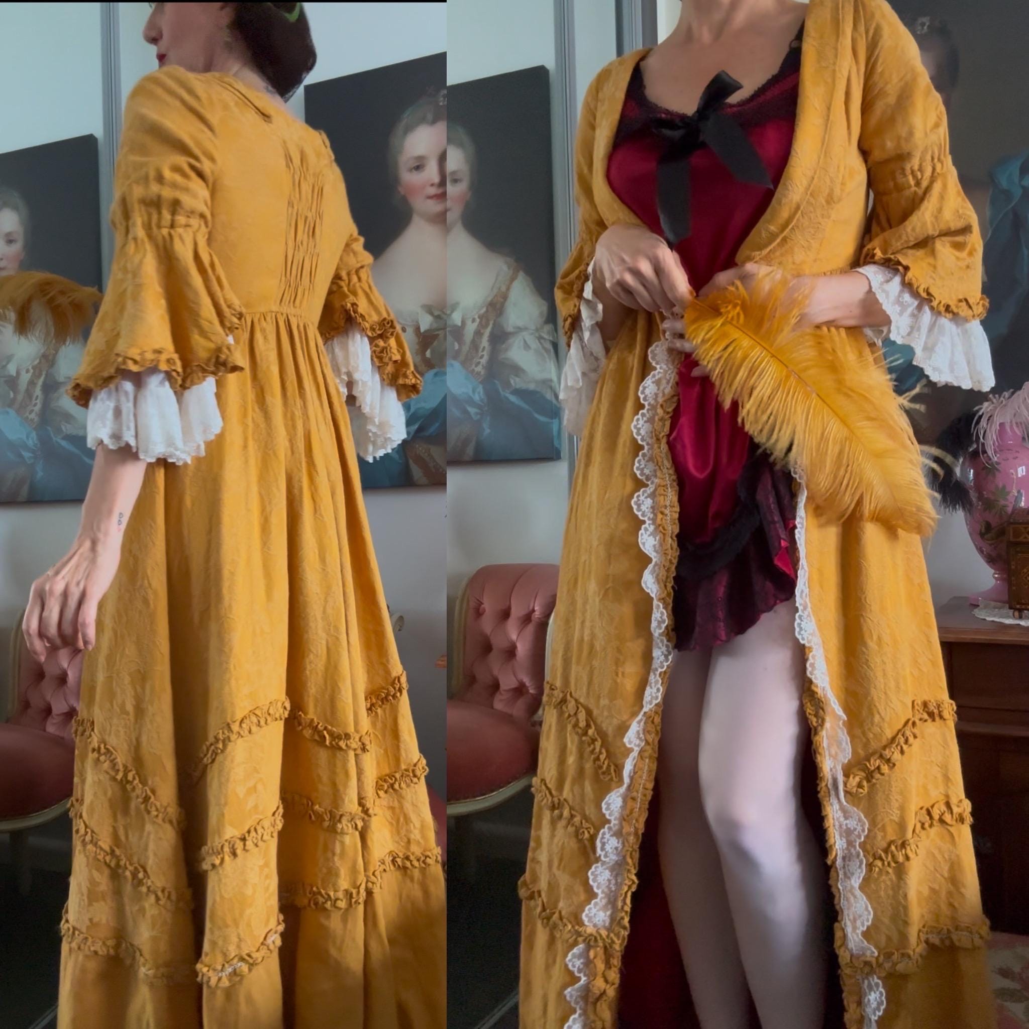 Mustard Yellow Robe Rococo Style Mustard Yellow Cotton and White Lace Open Robe/period ...