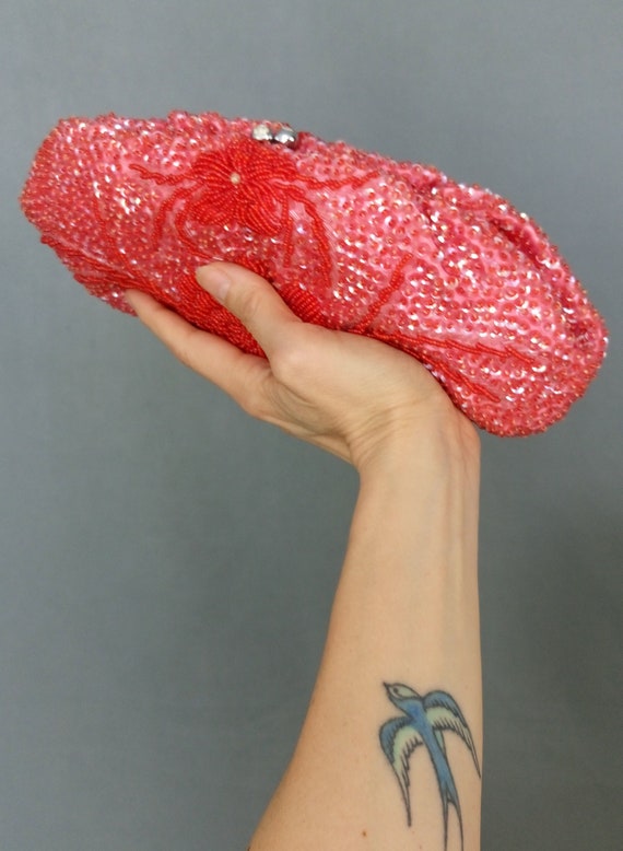 Vintage 50s/60s watermelon red beaded sequinned c… - image 1