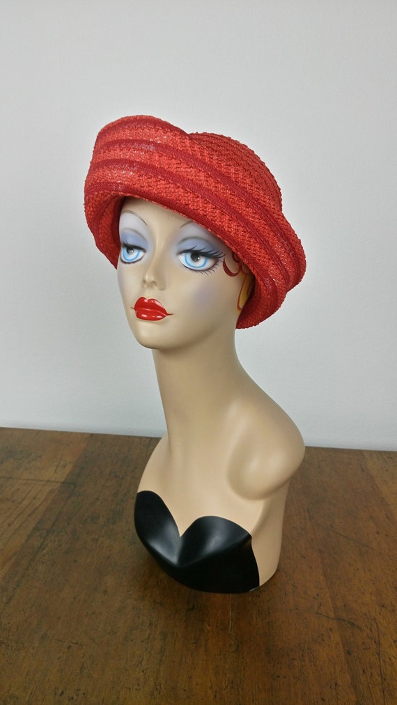 Vintage 60s orange woven raffia hat by Classic - image 1