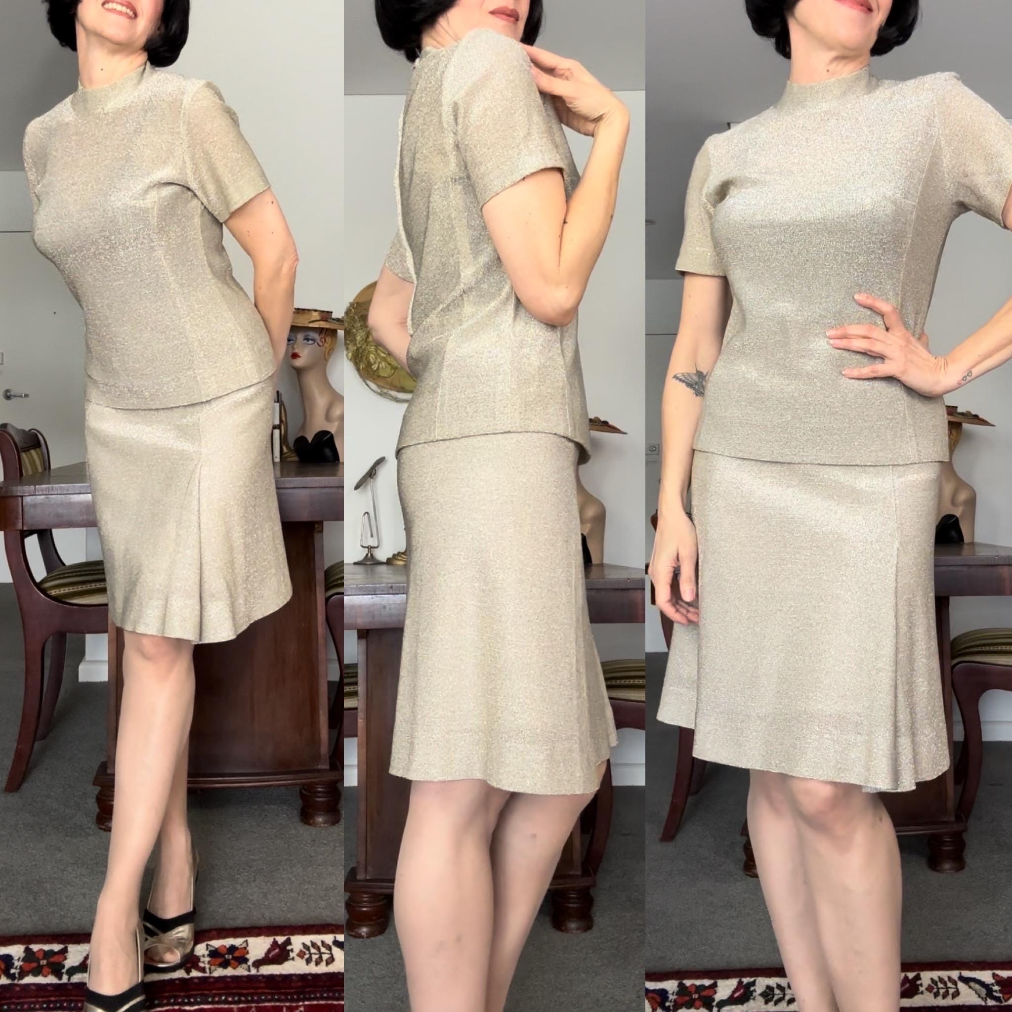 Vintage 1960s Golden Lurex Knit Skirt Set by Monici of Parma/size