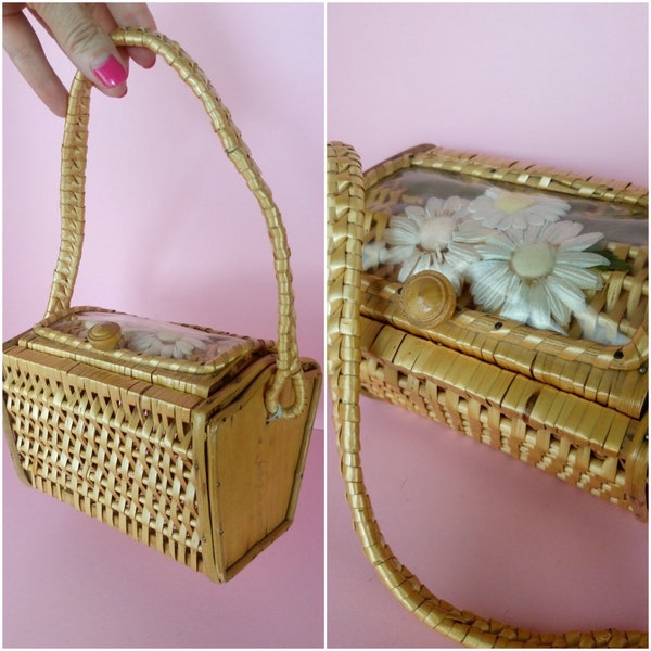 Vintage 50s woven box handbag with floral top