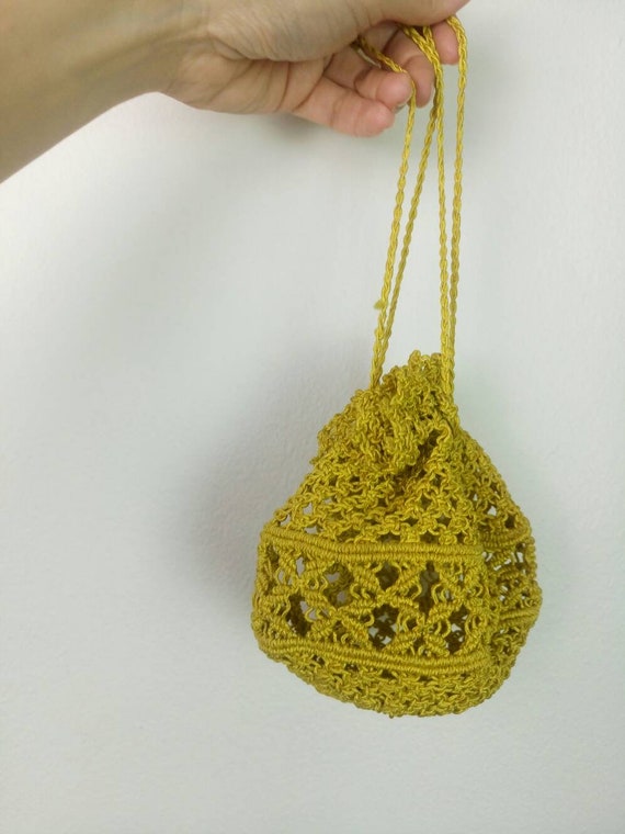 Vintage 30s gold cord handbag/crochet drawstring … - image 5