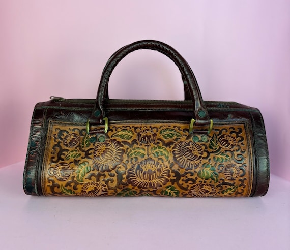 Vintage 60s/70s hand tooled floral leather barrel… - image 1