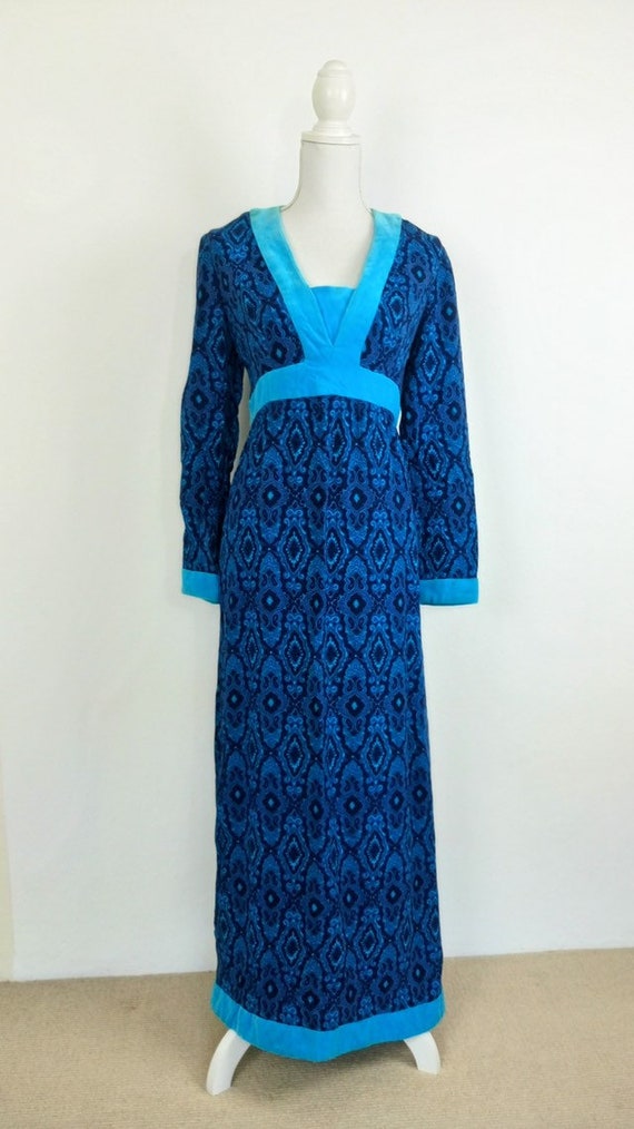 1960s/70s Paisley Blue Maxi Dress/60s hostess dre… - image 2