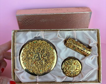 Vintage 40s/50s 21st make up compact lipstick jewelled set by Stratton/made in England