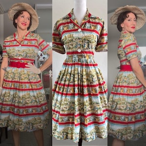 Vintage 1950s floral cotton novelty print shirtwaist dress/summer dress/size M