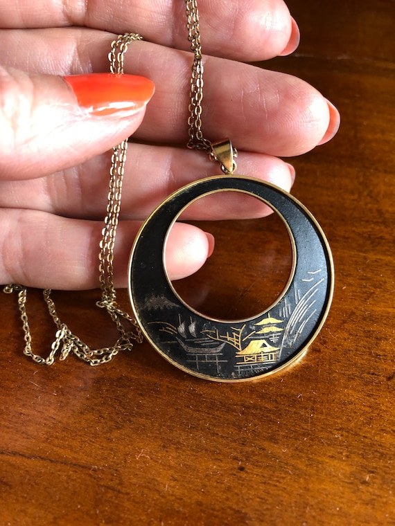 Vintage Amita damascene Japanese pendant necklace