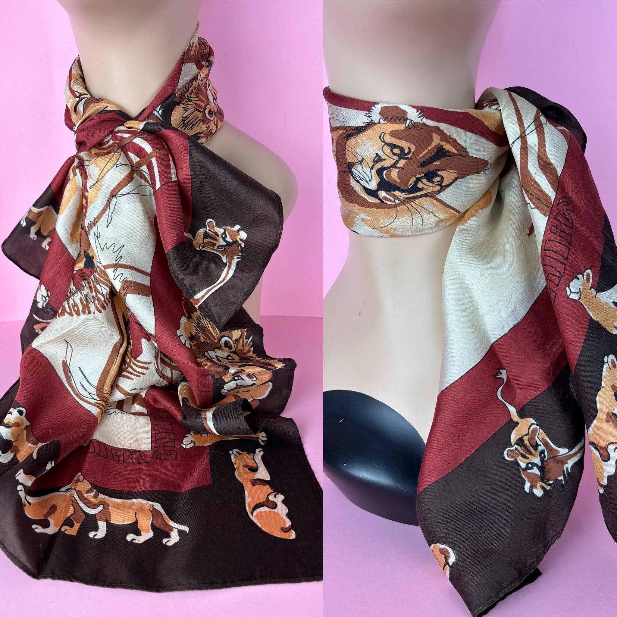 Vintage Silk Scarf/animal Novelty Print Lion Square Neck