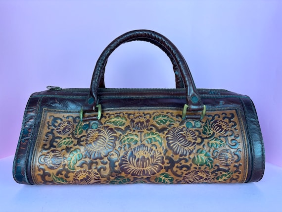 Vintage 60s/70s hand tooled floral leather barrel… - image 2