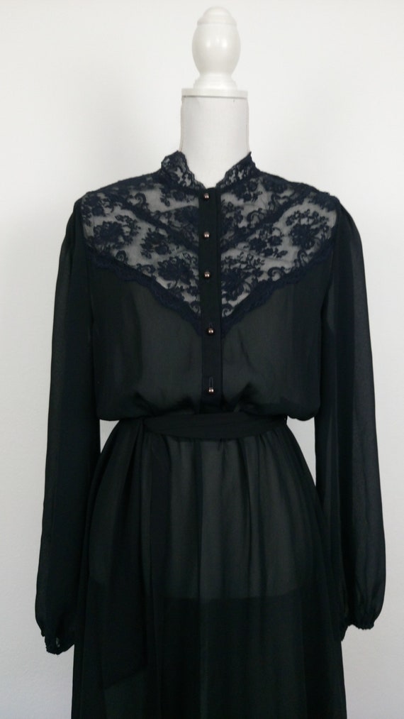 Vintage 70s black sheer dress/bishop sleeves/size