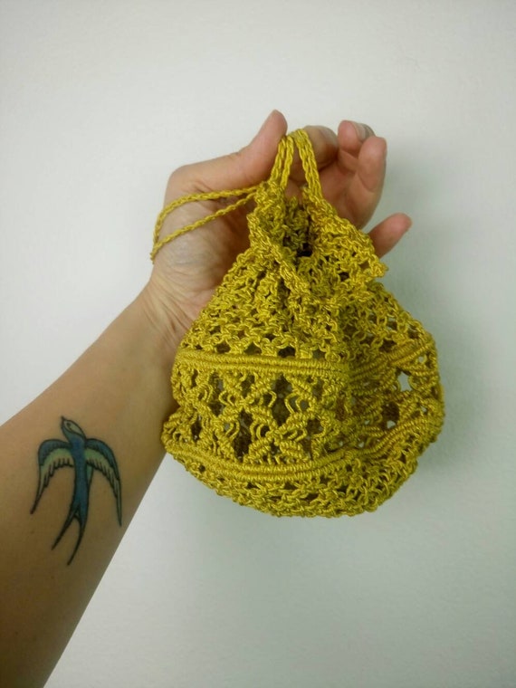 Vintage 30s gold cord handbag/crochet drawstring … - image 3