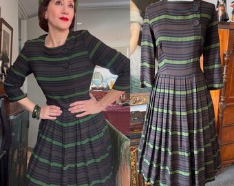 Vintage late 40s brown and green stripes day dress/size M