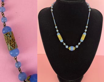 Vintage jaren 20/30 blauw geëmailleerde glasketting/art-decoketting