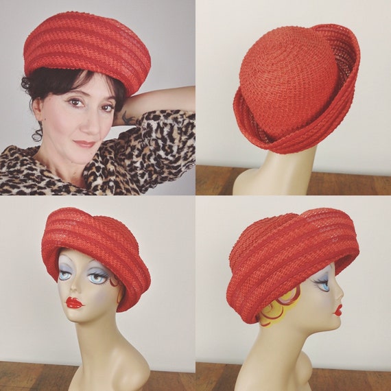 Vintage 60s orange woven raffia hat by Classic - image 2