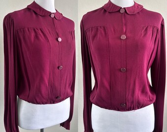 Vintage 40er Jahre burgundy Viskose Crepe Bluse Top/Größe M