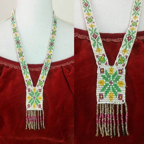 Vintage 1920s beaded necklace/woven beads fringe f