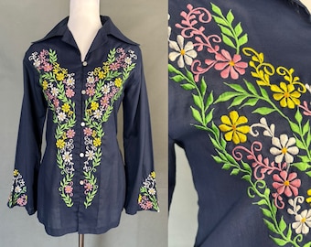 Vintage handgeborduurde tuniektop uit de jaren 60/70/bloemen boho hippie boerenblouse/maat M