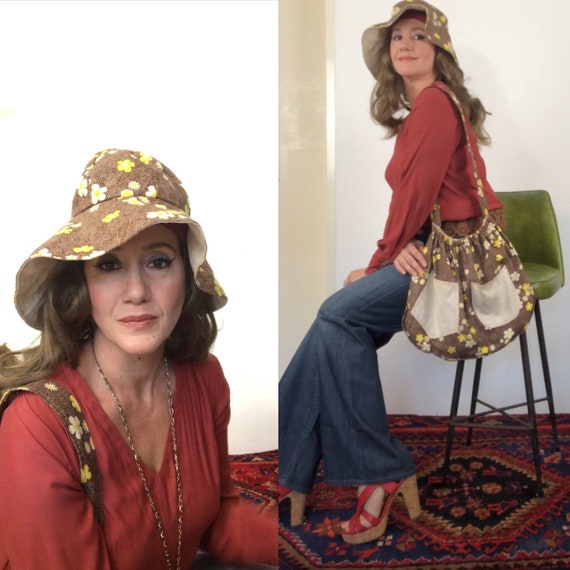Vintage 70s Daisies floppy hat and matching bag by