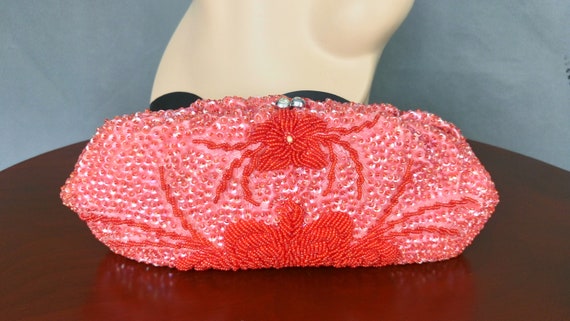 Vintage 50s/60s watermelon red beaded sequinned c… - image 4