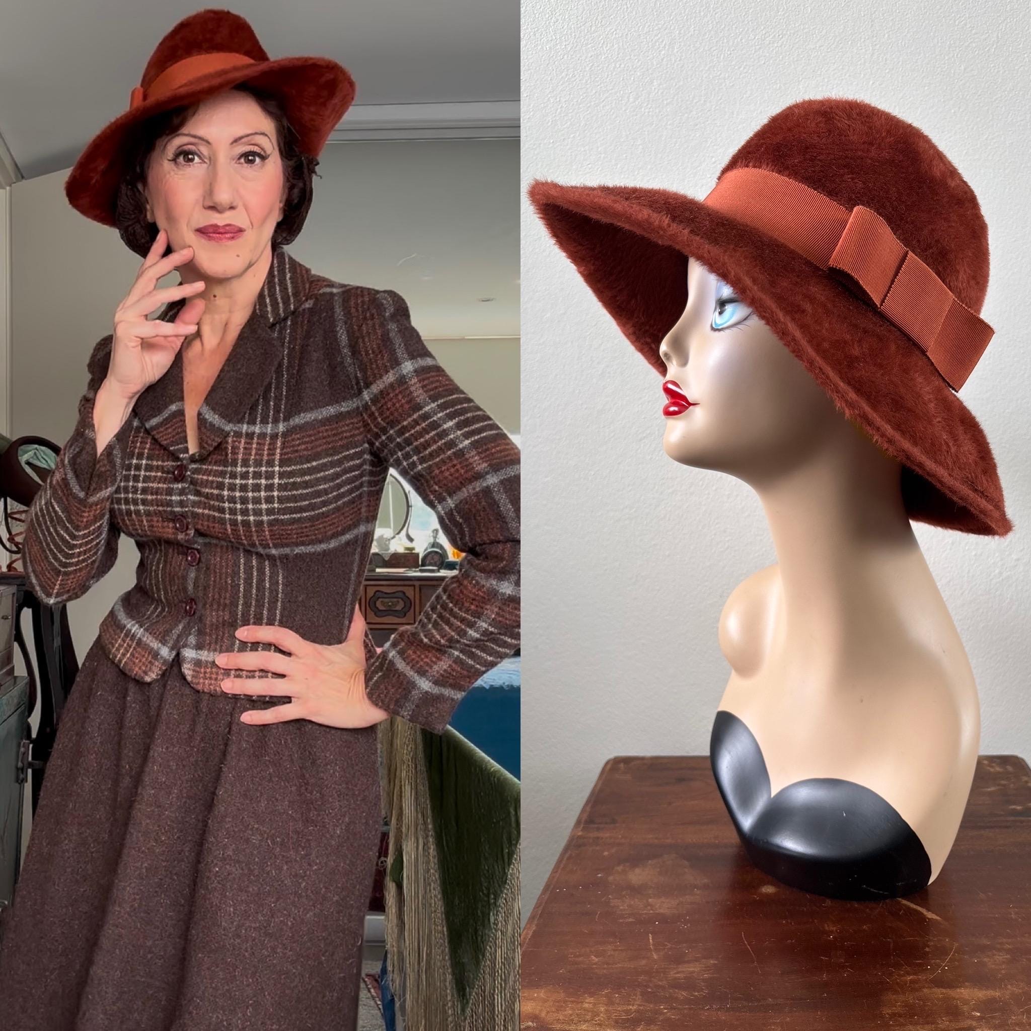 Vintage 60s/70s rusty wool fedora hat/large brim winter hat