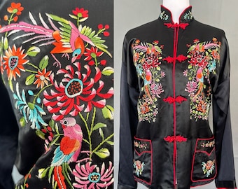 Vintage Oriental style Floral Birds Embroidery silk satin jacket