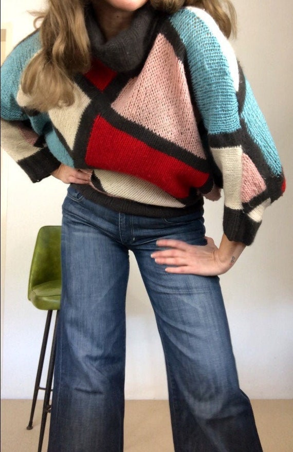 Vintage 80s color block knit jumper/handmade 80s k