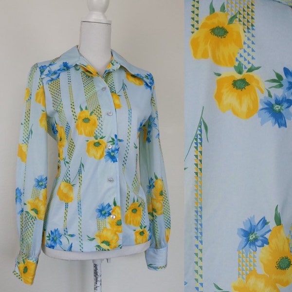 60s yellow and light blue blouse by David Keys/floral shirt top size M
