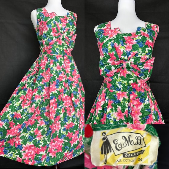 Vintage 1950s floral cotton summer dress/large bo… - image 1