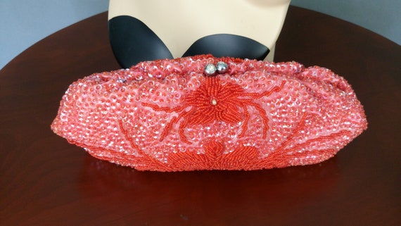 Vintage 50s/60s watermelon red beaded sequinned c… - image 5