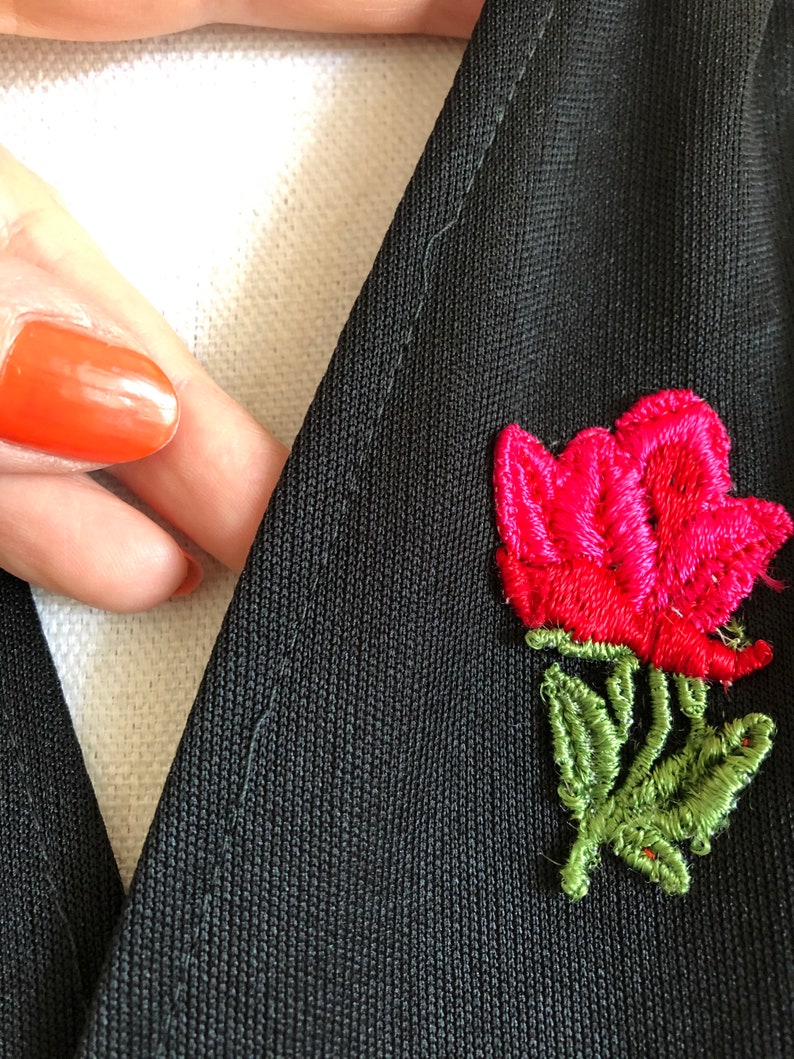 Vintage 70s wrap dress red rose embroidered appliqu\u00e9black ruffle flutter sleeves day dress