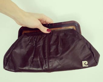 Vintage 70s Pierre Cardin chocolate brown leather clutch bag lucite clasp