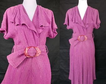 Vintage 70s does 30s Fuchsia Knit belted dress/size S/M