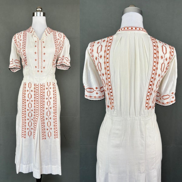 Vintage 1930s hand embroidered linen dress/puffy shoulders/size L/XL