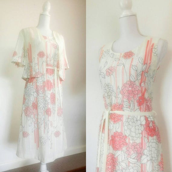 Vintage 70s Dress Bolero Pink floral set summer Dr