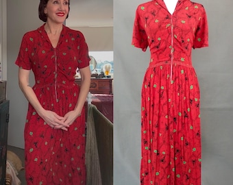 Vintage 1940s red cold rayon novelty print dress/Ladies on bicycles print dress/size S/M