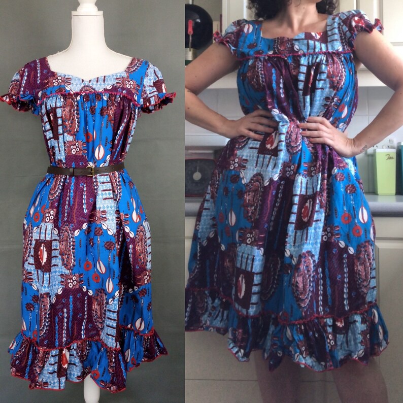 Vintage 1960s70s cotton summer dresscolourful midi sun beach dress size60s novelty print house dressML