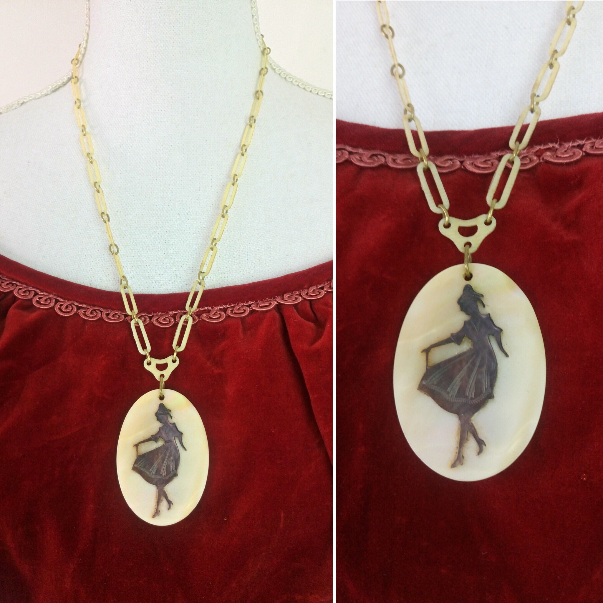 1930s Red and White Mother of Pearl Necklace on Celluloid Chain