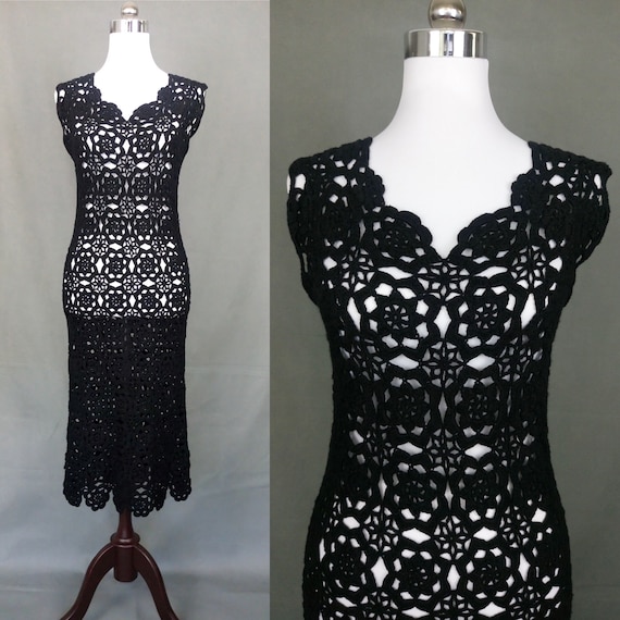 Vintage 70s Black cotton Crochet dress/size S/M