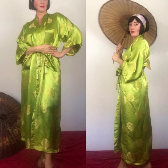 Vintage liquid chartreuse silky satin damask robe
