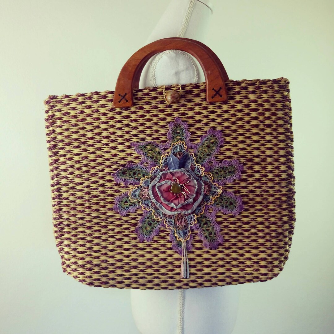 Vintage Wicker 70s Bag/woven Cane Wooden Handles Straw Hippie Bag ...