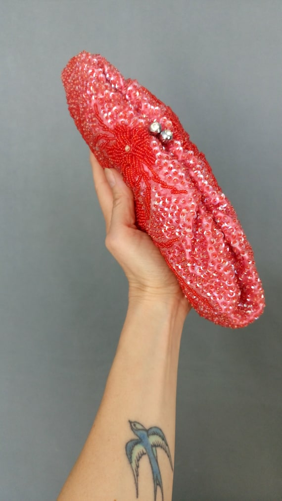 Vintage 50s/60s watermelon red beaded sequinned c… - image 7