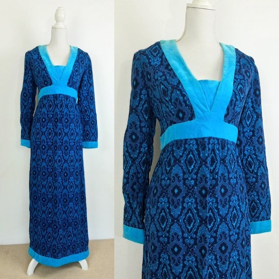 1960s/70s Paisley Blue Maxi Dress/60s hostess dre… - image 1