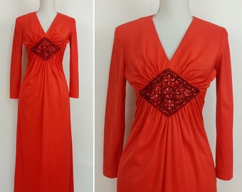 Vintage 70s Red Disco Dress/Sequinned party dress/size S