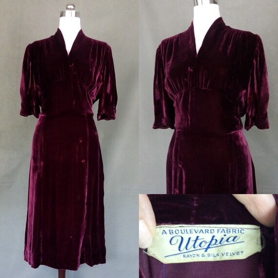Vintage 30s/40s burgundy silk rayon velvet dress b