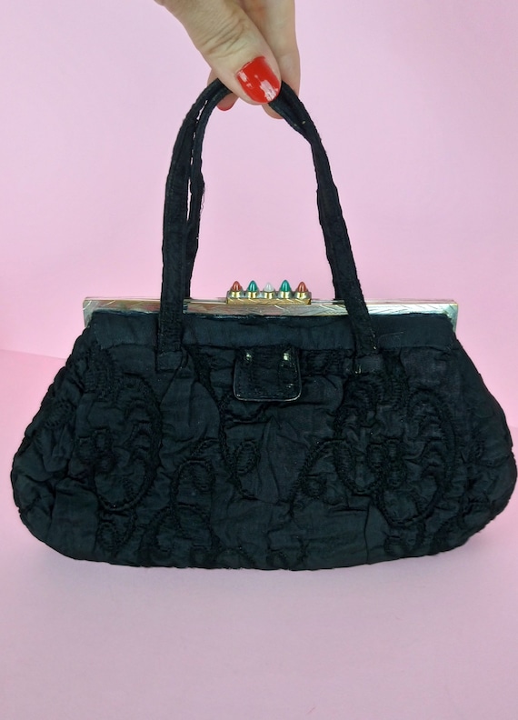 Vintage 30s black brocade handbag/Art Deco purse