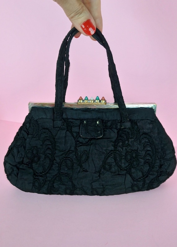 Vintage 30s black brocade handbag/Art Deco purse - image 2