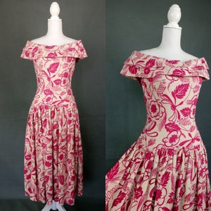 Vintage 1940s floral/leafy off shoulder linen dress/size M image 1