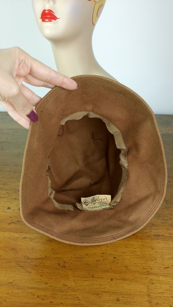 Vintage 60s brown wool bucket hat/cloche winter h… - image 9