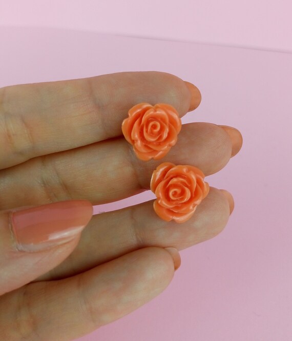 Vintage celluloid coral roses pierced earrings