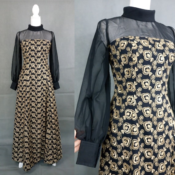 Vintage 60s black and gold embroidered Maxi Dress/
